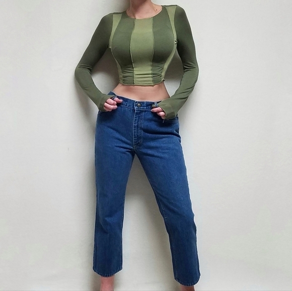 VINTAGE 70s Lee Union Made High Waisted Cropped Flare Cotton Husky Denim Jeans - Picture 2 of 14